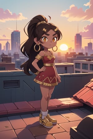 2.5D, an aztec girl, perfect body, black skin,brown skin,dark_skin_female ,hispanic , full body, traditional aztec clothes, 20 years old
long hair, ponytail, brown hair, yellow eyes, buff, outside,clouds,rooftop,cyberpunk, (insanely detailed, beautiful detailed face, gold streak in hair, gold_hoops, gold earings, red dress , white tunic
,Lofi,Girl,Sunrise, collarbone,Boy,Style