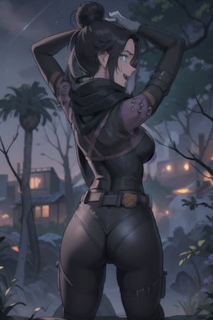 (masterpiece, best quality:1.2),  , wraith (apex legends), 1girl, solo, single hair bun, hair bun, bodysuit, scarf, black bodysuit, holding, breasts, black hair, black scarf, large breasts, blue eyes, belt, brown belt, bangs, parted bangs, hair behind ear, gloves, nose piercing, black gloves, thigh strap, squatting, open mouth, smile, looking at viewer, outdoors, night, fog, sitting in tree, ,looking_at_viewer, photo from behind