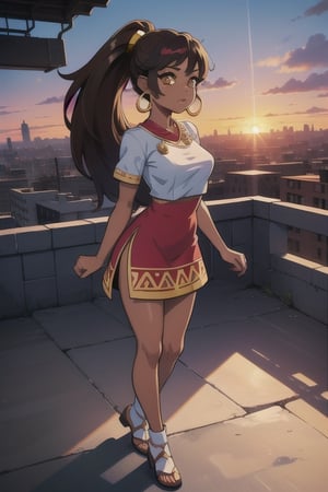 2.5D, an aztec girl, perfect body, black skin,brown skin,dark_skin_female , full body, traditional aztec clothes, 20 years old
long hair, ponytail, brown hair, yellow eyes, buff, outside,clouds,rooftop,cyberpunk, (insanely detailed, beautiful detailed face, gold streak in hair, gold_hoops, gold earings, red dress , white tunic
,Lofi,Girl,Sunrise