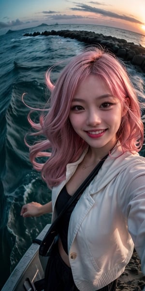1girl,  fisheye,  selfie,  sea,  wind,  messy hair,  sunset,  beach,  (aesthetics and atmosphere:1.2),  pink hair, smiling, ,