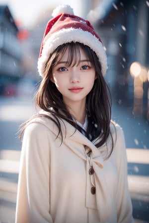 red christmas hat, green scarf, christmas theme, Portrait, Front-facing, 1 girl, very bright backlighting, solo, {beautiful and detailed eyes}, natural and soft light, hair blown by the breeze, delicate facial features, Blunt bangs, beautiful korean girl, eye smile, very small earrings, winter clothes,  snowing, outdoor background, slim figure, gentle smile, natural makeup, fair skin, 20 yo, film grain, realhands, 