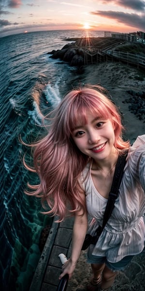 xxmixgirl, 1girl,  fisheye,  selfie,  sea,  wind,  messy hair,  sunset,  beach,  (aesthetics and atmosphere:1.2),  pink hair, smiling, FilmGirl, 3d style, , , 
