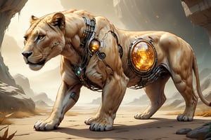 Create an ethereal work of art featuring a breathtaking cyborg lioness with a visible fetus inside her translucent, transparent, hyper-realistic belly radiating a calming amber glow. Let the concept merge fantasy and nature in a mix of UHD detail and cybernetic beauty. full_body, side_view



