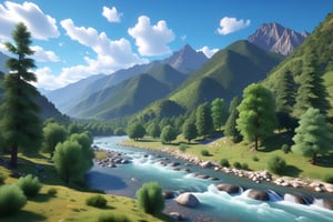 an animated scene of mountains trees, and water in 3d, scenery,

a river stream running through a mountainous terrain with mountains behind and clouds in the scenery,

the animated landscape contains a river trees and rocks in it near hills, scenery,

a computer generated landscape with mountains and rivers and trees in the foreground scenery,