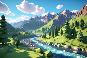 a lowpoly animated scene of mountains trees, and water in 3d, scenery,

a river stream running through a mountainous terrain with mountains behind and clouds in the scenery,

the animated landscape contains a river trees and rocks in it near hills, scenery,

a computer generated landscape with mountains and rivers and trees in the foreground scenery,