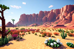 an image from an interactive game that is a pixelated landscape with trees and flowers desert,

a low poly cartoon african desert landscape with some rocky hills in it, desert,

a small low polygon style 3D scene with a red rock and dirt african desert,

an animated landscape with mountains red rocks, african desert,