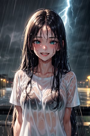 white t-shirt ,sweet face,happy smile,art photo,happy photo,green lighting eyes,sweat,dark lighting,lovely looking,lovely seeing,(ultra long hairs:1.2),realistic photo style,(wet rain:1.2),(storm:1.2),real human photo,