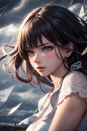 realistic face photo,realistic gril photo,real photo style,lace dress,tears,thunder,storm,(wind:1.4)