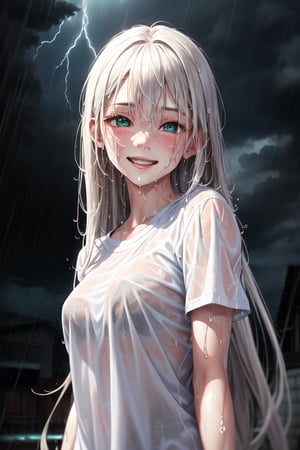white t-shirt ,sweet face,happy smile,art photo,happy photo,green lighting eyes,sweat,dark lighting,lovely looking,lovely seeing,(ultra long hairs:1.2),realistic photo style,(wet rain:1.2),(storm:1.2),real human photo,