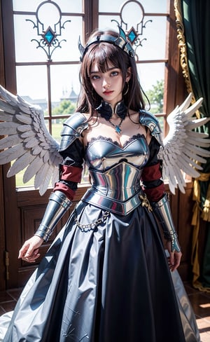 Angelic girl, closed_mouth, looking_at_viewer, perfect eyes, blue eyes, purple hair, long hair, mastery_position, angel_wings,palace background, knight helmet, knight earings, knight necklace, scarlet, knights (ensemble stars!), knight armor dress, holy armor, holy shield, knight mask, knight face, knight cavalier, crusader, full_body, knight, dragon emblem, divine , aura, ki, blaze, dynamax, submisive, angelic angel, beauty, shining_armor, days in a flash (umamusume)