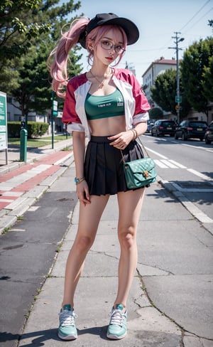 Girl, sexy, school background, blue_eyes, pink_hair, boobie,presenting_behind, looking_at_viewer, headwear, full-body_portrait, closed_mouth, green white_shoes, school_girl, university background, displaying, long_ponytail, bracelet, earings, eyeglasses, earphones
