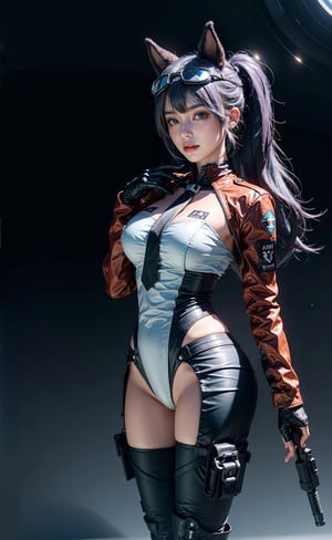 Cyber girl, firearm, gun weapon, cyber helmet, looking_at_viewer, closed_mouth, blue bloomers, blue eyes, gunslinger, exposing_self, intelligent, long_hair, violet hair, black_glove, aimpoint, kneeboots, robot background, blue_earrings, pipe, windemblem, army pants, core (girls' frontline), combat, bullet, eye radar, scope,spy goggles, pony_tail, red tie, wearing eye glass, shades, metal gear, ear mufler. Frontliner, armory, starting future (umamusume), ballistic