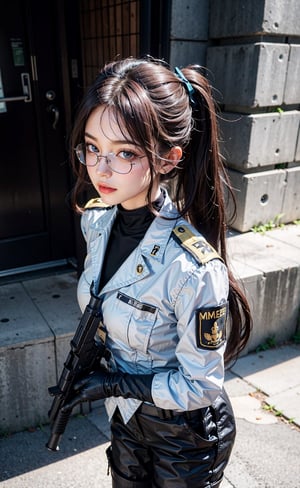 Valkyrie woman, firearm, gun weapon, bandana, looking_at_viewer, closed_mouth, blue bloomers, blue eyes, gunslinger, exposing_self, intelligent, long_hair, violet hair, black_glove, aimpoint, kneeboots, airforce background, blue_earrings, pipe, windemblem, army pants, core (girls' frontline), combat, bullet, eye radar, scope,spy goggles, pony_tail, red tie , wearing eye glass, shades, metal gear, ear mufler. Frontliner, armory, starting future (umamusume), ballistic