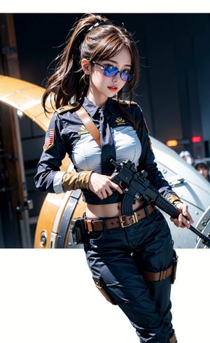 Valkyrie woman, firearm, gun weapon, bandana, looking_at_viewer, closed_mouth, blue bloomers, blue eyes, gunslinger, exposing_self, intelligent, long_hair, violet hair, black_glove, aimpoint, kneeboots, airforce background, blue_earrings, pipe, windemblem, army pants, core (girls' frontline), combat, bullet, eye radar, scope,spy goggles, pony_tail, red tie , wearing eye glass, shades, metal gear, ear mufler. Frontliner, armory, starting future (umamusume), ballistic