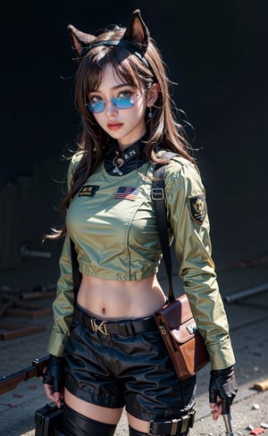 Valkyrie woman, firearm, gun weapon, bandana, looking_at_viewer, closed_mouth, blue bloomers, blue eyes, gunslinger, exposing_self, intelligent, long_hair, violet hair, black_glove, aimpoint, kneeboots, airforce background, blue_earrings, pipe, windemblem, army pants, core (girls' frontline), combat, bullet, eye radar, scope,spy goggles, pony_tail, red tie , wearing eye glass, shades, metal gear, ear mufler. Frontliner, armory, starting future (umamusume), ballistic