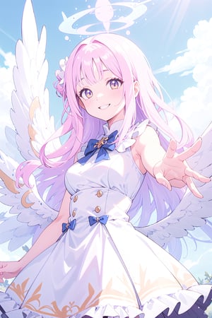 Misono Mika, Wings, reaching out from below, white dress, pink_hair, smiling, looking down, heaven, clouds, blue sky,better_hands