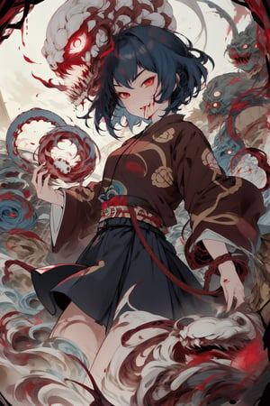 milf, tohou, goddess of water, yasaka kanako, blue hair, 1 giant red eyed white snake, short hair, red eyes, cowboy shot, rope, More Detail,  blood, gore, guro,More Detail, CarnageStyle, onbashira, shimenawa, earth energy, red and blue, autumn, funeral, red japanese shirt, long blue skirt,CarnageStyle