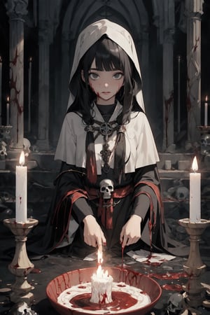 1 girl, game cg, masterpiece, priestess, blood, gore, guro, black hair, skulls, souls, will o wisps, altar, ritual, bloody stream, sinew, looking at viewer,