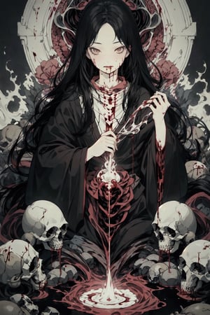 1 girl, game cg, masterpiece, priestess, blood, gore, guro, black hair, skulls, souls, will o wisps, altar, ritual, bloody stream, sinew, looking at viewer,