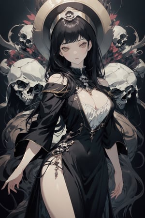 1girl, masterpiece, game cg, cowboy shot, black hair, black dress, priestess, large breasts, wide hips, absolute cleavage, skulls, souls, ghouls, ,More Detail