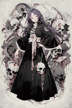 1 girl, cowboy shot, masterpiece, touhou, byakuren hijiri, monk, long skirt, violet hair, very long hair, More Detail, monochrome, black_&_white, skulls,  blood, gore, blades, bloody stream, spikes, More Detail,More Detail, thousand eyes in the background, giant eyes, blood, guts, intestines, human organs, eyes, death, carnage, blood and guts, bones, spinal column, sinew, evil smile,