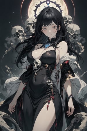 1girl, masterpiece, game cg, cowboy shot, black hair, black dress, priestess, large breasts, wide hips, absolute cleavage, skulls, souls, wisps, phantasam, ghouls, ,More Detail