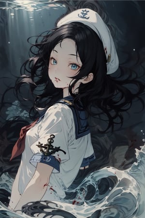 1 girl, touhou, minamitsu_murasa, black hair, short hair, wavy hair, blue eyes, sailor uniform, captain cap, anchor, cowboy shot, More Detail, blood, More Detail, water, ocean, underwater