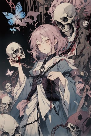 1 girl, yuyuko saigyouji, game_cg, pink hair, butterflies, cowboy shot, masterpiece, More Detail, skulls  blood, gore, guro,More Detail, ghosts, phantasm, phantom, funeral, will o' wisp, chains, shackles, prison, lots of chains, chain collar,