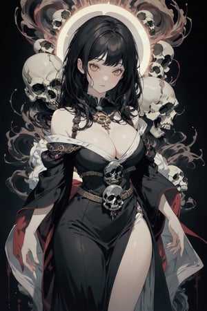 1girl, masterpiece, game cg, cowboy shot, black hair, black dress, priestess, large breasts, wide hips, absolute cleavage, skulls, souls, ghouls, ,More Detail