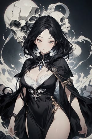 1girl, masterpiece, game cg, cowboy shot, black hair, black dress, priestess, large breasts, wide hips, absolute cleavage, skulls, souls, wisps, phantasam, ghouls, ,More Detail