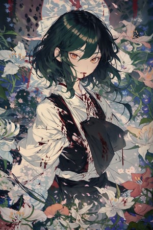 1 milf, touhou, kazami_yuka, green hair, short hair, wavy hair, red eyes, cowboy shot, flowers, flower field, spider lillies, More Detail,  blood,More Detail, funeral, 