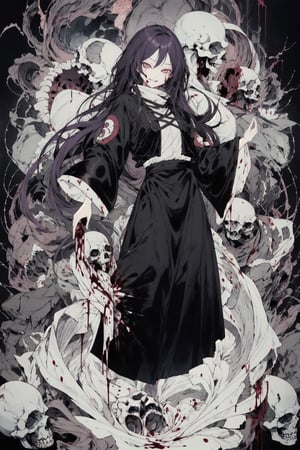 1 girl, cowboy shot, game_cg, masterpiece, touhou, byakuren hijiri, monk, long skirt, violet hair, very long hair, More Detail, monochrome, black_&_white, skulls,  blood, gore, blades, bloody stream, spikes, More Detail,More Detail, thousand eyes in the background, giant eyes, blood, guts, intestines, human organs, eyes, death, carnage, blood and guts, bones, spinal column, sinew, evil smile,