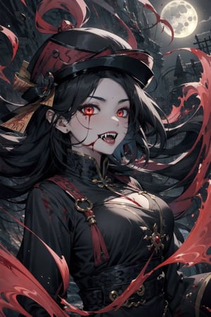 1girl, game cg, vampire, jiangshi, chinese_vampire, black hair, fangs, floating, looking_at_viewer, moonlight, blood mon, night, bloody stream, blood_on_face, evil smile, blood, red wisp the air, rivers of blood,More Detail