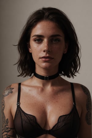 photo, rule of thirds, dramatic lighting, medium hair, detailed face, detailed nose, woman wearing lingerie, freckles, collar or choker, smirk, tattoo, large bulging chest,intricate background
,realism,realistic,raw,analog,woman,portrait,photorealistic,analog,realism