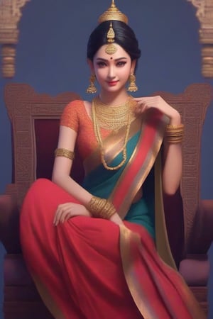 yunjindef,more detail XL. slim  muscular girl .wearing sari . seatinf on king chair .cinematic bagkgrund . beuatifull eye 