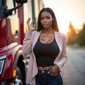 A stunning 24-year-old black beauty, with slicked straight hair and flawless dark chocolate skin, poses confidently beside a sleek Volvo truck on a quiet morning road. Her striking features, including her radiant smile and raised brows, are illuminated by the warm golden light of dawn. The camera captures her gigantic bust, squeezed into a tight v-neck t-shirt, as she raises her hand to catch a ride. Her slender figure is accentuated by her lightweight pastel jacket and dark jeans, blending practicality with casual elegance. The shot is framed in 8k 60fps, with realistic analog filter and visible film grain, f3/8, picture-perfect and premium quality, double the detail.