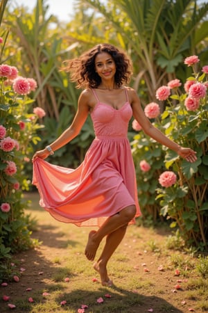 A vibrant woman dancing gracefully in a lush garden of blooming roses, the petals swirling around her in the soft breeze. The scene is bathed in warm, golden sunlight, casting long shadows and highlighting the intricate details of her flowing dress. The composition is dynamic, capturing her mid-air leap with a wide-angle shot, framing the garden and the woman in harmony.