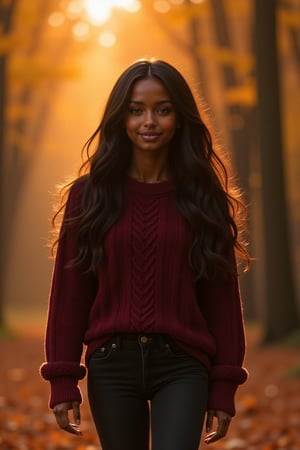 A 19-year-old ebony girl, a nature enthusiast, walks serenely through an enchanting autumn forest. She is of black ethnicity, with long, wavy hair cascading down her back, showcasing her very dark chocolate skin. Wearing a cozy burgundy cable-knit sweater and dark skinny jeans, she exudes tranquility and an adventurous spirit. The warm, golden light of the setting sun highlights her striking features, with HDR and iridescent shadows. Her serene face, with big round eyes and a gentle smile, is framed by wavy hair and subtle freckles. The scene is captured in 8k 60fps with a realistic analog filter, visible film grain, and cinematic LUT, blending ultra-detailed elements with professional photography. Shot in a clean, whimsical style, the image is upscaled for premium quality.