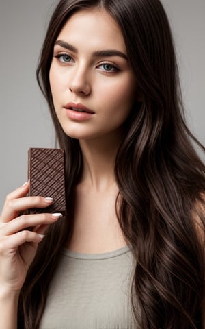 A beautiful woman holding a chocolate bar in front of her face, natural realistic colors, isolated, studio fashion photography