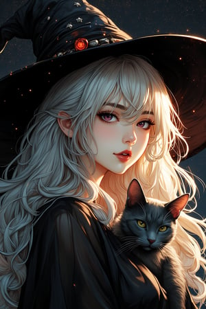 A digital illustration of a young woman with long, flowing platinum blonde hair in loose waves, fair skin, and striking almond-shaped eyes with a subtle red iris, highlighted by meticulous makeup. Her deep red lips add elegance. She wears a large black witch hat with stars and a glowing red gem, and a sleek dark grey cat sits calmly on her shoulder. Her black flowing dress blends into a dark, star-filled background with hints of red and gold. High-detail textures and lighting create depth. @dreamy_ai signature in the lower right.