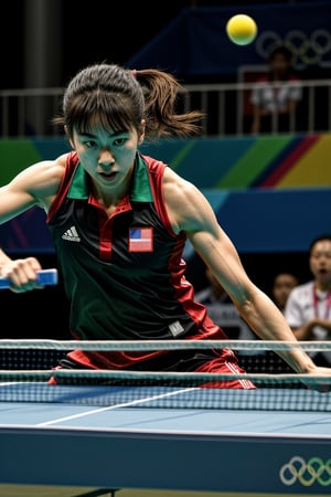 A vibrant and dynamic scene capturing the intensity of the 2024 Olympics. The Japanese Table Tennis, radiating grace and power, dominates the table tennis court.  She's a blur of motion in her national colors, her focused gaze locked on the ball as she unleashes a powerful smash.  Sweat glistens on her brow, a testament to her effort and determination. The crowd roars with every point, a sea of Japanese flags waving fervently. The Olympic rings loom large in the background, 