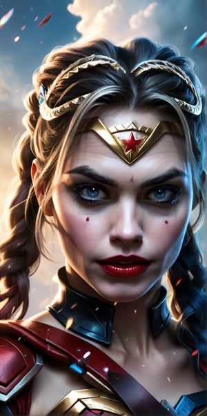 A detailed and hyper-realistic portrait of Wonder Woman in a fantasy setting. The focus is on her face, which is rendered with incredible detail and clarity. She is wearing a fantastical headdress and armor, and her expression is fierce and determined. The background is filled with magical elements, such as swirling clouds and glowing crystals. The overall effect is both awe-inspiring and captivating.

,HarleyQuinn1024