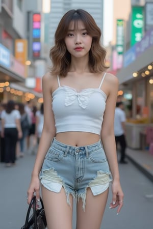 Create a realistic street photography style image of a stylish Korean woman in Seoul. She's wearing light-washed high-waisted denim shorts with pockets peeking out below the hem, paired with a white cropped top. Her medium-length wavy hair is dyed light brown. She's standing on a busy Seoul street with neon signs and crowds in the background. Capture her in a candid pose, as if waiting for someone. Use natural lighting to enhance the urban atmosphere and showcase the fashion details.