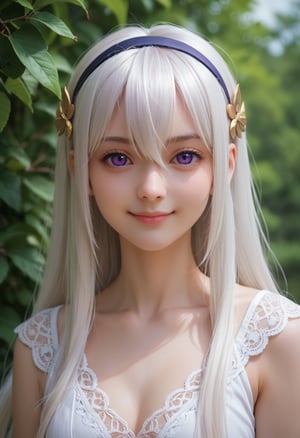 1girl,solo,looking at viewer,long hair,bangs,smile,hairband,purple eyes,upper body,hair ornament,closed mouth,hair between eyes,white hair,, score_9,score_8_up,score_7_up,highly detailed,high budget,masterpiece,best quality,perfect anatomy,very aesthetic,8k,