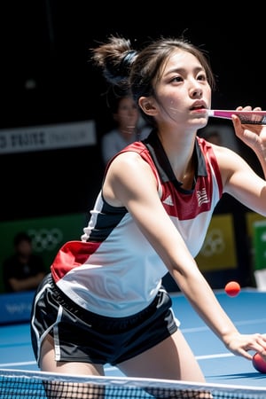 A vibrant and dynamic scene capturing the intensity of the 2024 Olympics. The 'Japanese Table Tennis Angel', radiating grace and power, dominates the table tennis court.  She's a blur of motion in her national colors, her focused gaze locked on the ball as she unleashes a powerful smash.  Sweat glistens on her brow, a testament to her effort and determination. The crowd roars with every point, a sea of Japanese flags waving fervently. The Olympic rings loom large in the background, a symbol of the global stage and the fierce competition. This is a moment frozen in time, a testament to athletic skill and the pursuit of Olympic glory.