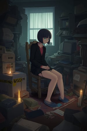 The image is a digital artwork depicting a young woman in a dimly lit room filled with clutter. The woman, likely in her late teens or early twenties, has fair skin, light blue eyes, and short, dark hair styled in a bob. She is dressed in a black blazer over a red shirt and a short, dark skirt, revealing her slender legs. Her expression is neutral, with a hint of sadness.

She is seated on a wooden chair in the center of the room, which is filled with various objects. To her left, there is an old CRT computer monitor with a "No" sign on it, and a stack of cardboard boxes with "Danger" and "No Entry" signs. Books and more boxes are scattered around the room, adding to the chaotic atmosphere. The floor is covered with a patterned rug, and there are several lit candles on the floor and a small table, casting a warm, flickering light. 

In the background, a window with a white curtain lets in a soft glow, adding a touch of light to the otherwise dark scene. The overall tone of the image is moody and slightly eerie, with a focus on the woman's solitary presence amidst the clutter.