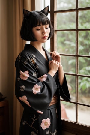 dal-3, 1girl, solo, short hair, black hair, holding, animal ears, closed mouth, upper body, japanese clothes, indoors, cat ears, blunt bangs, wide sleeves, kimono, black eyes, window, makeup, animal, looking down, half-closed eyes, floral print, bob cut, cat, bug, curtains, fish, lantern, holding animal, black cat, cage, goldfish, fish print, loaded interior
