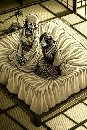 A Junji Ito-style horror manga panel in black and white, featuring extremely detailed linework and high contrast. The scene is an overhead view of a tatami room with a massive futon, forming a sea of screaming faces. A skeletal figure is spread-eagled on the futon, wearing a maniacal grin. Two young women, one in a dress and the other in a plaid shirt, are viewed from behind, reacting with horror. The panel emphasizes intricate face details, fine crosshatching, and wooden floor texture. Sharp shadows enhance the body horror and supernatural terror. The everyday setting transforms into a nightmare scene, with hyper-realistic anatomy and overwhelming dread. The strong perspective and diagonal composition draw the eye to the central focus.