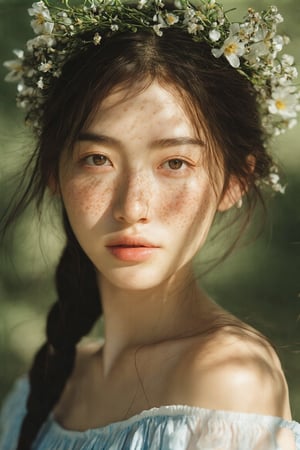 High-resolution photograph of an Asian woman with fair skin and freckles on her cheeks and nose. She has a delicate heart-shaped face, prominent wide-set brown eyes, and slightly parted full lips with a natural soft pink hue. Her dark straight hair is styled in a loose braid over her left shoulder. She wears a flower crown, casting intricate shadows from sunlight. Dressed in a light blue off-the-shoulder blouse with a soft, delicate fabric and slight transparency, revealing her collarbone. Out-of-focus background hints at green foliage, suggesting an outdoor garden or park setting. Warm, natural color palette with sunlight enhancing skin texture and flower details. Serene, dreamy atmosphere focused on her natural beauty and light-shadow interplay.