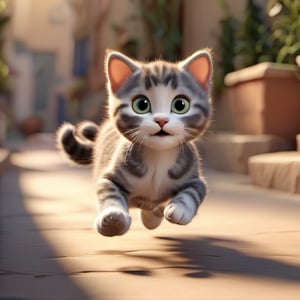 3d style,3D render,kitten , small cat, shadow, running , walkway, animated